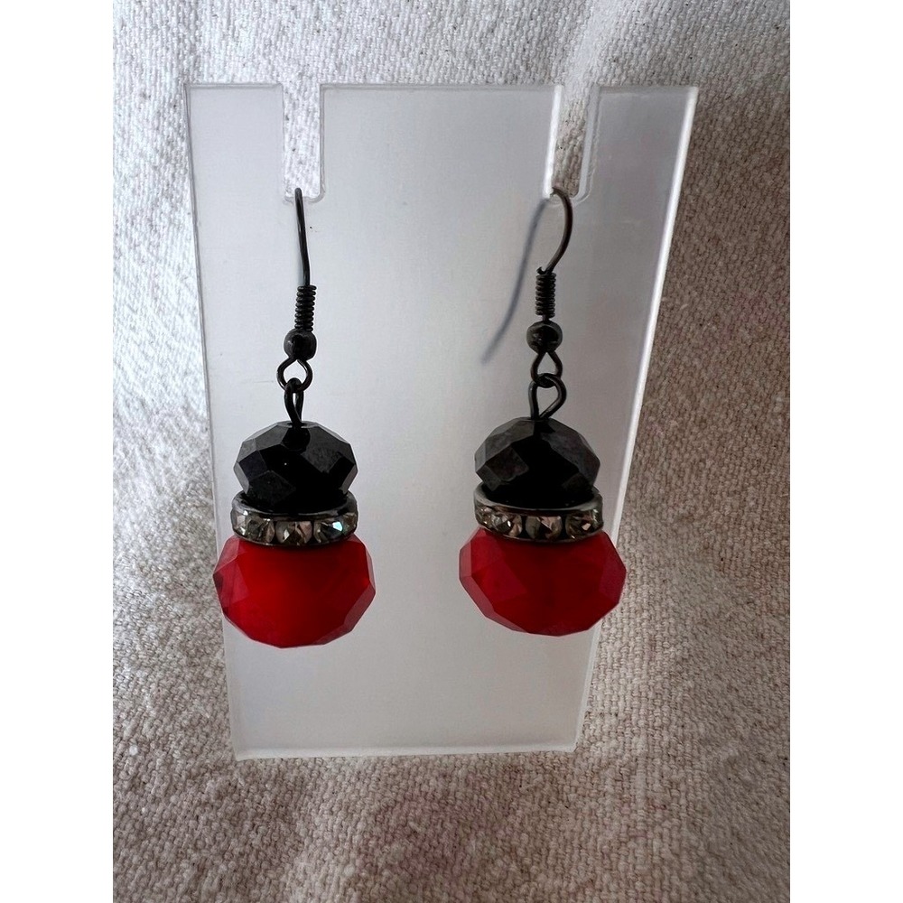 Drop Earrings Red Black Faceted Bead Rhinestone Gunmetal Statement Rockabilly